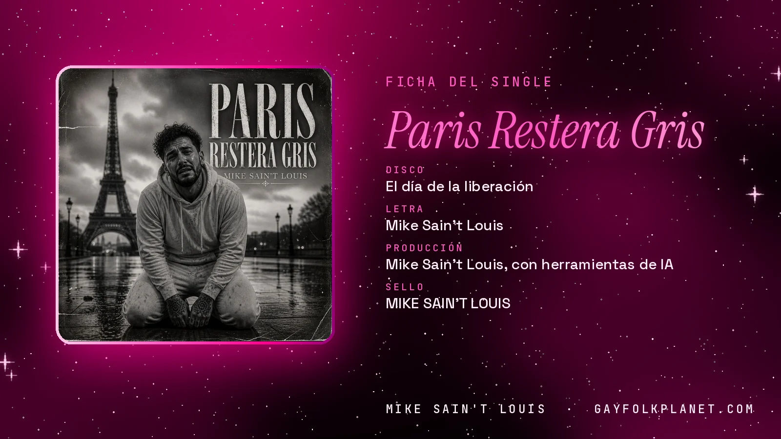 Ficha de la canción «Paris Restera Gris» con su carátula: disco «El día de la liberación», letra y producción de Mike Sain't Louis