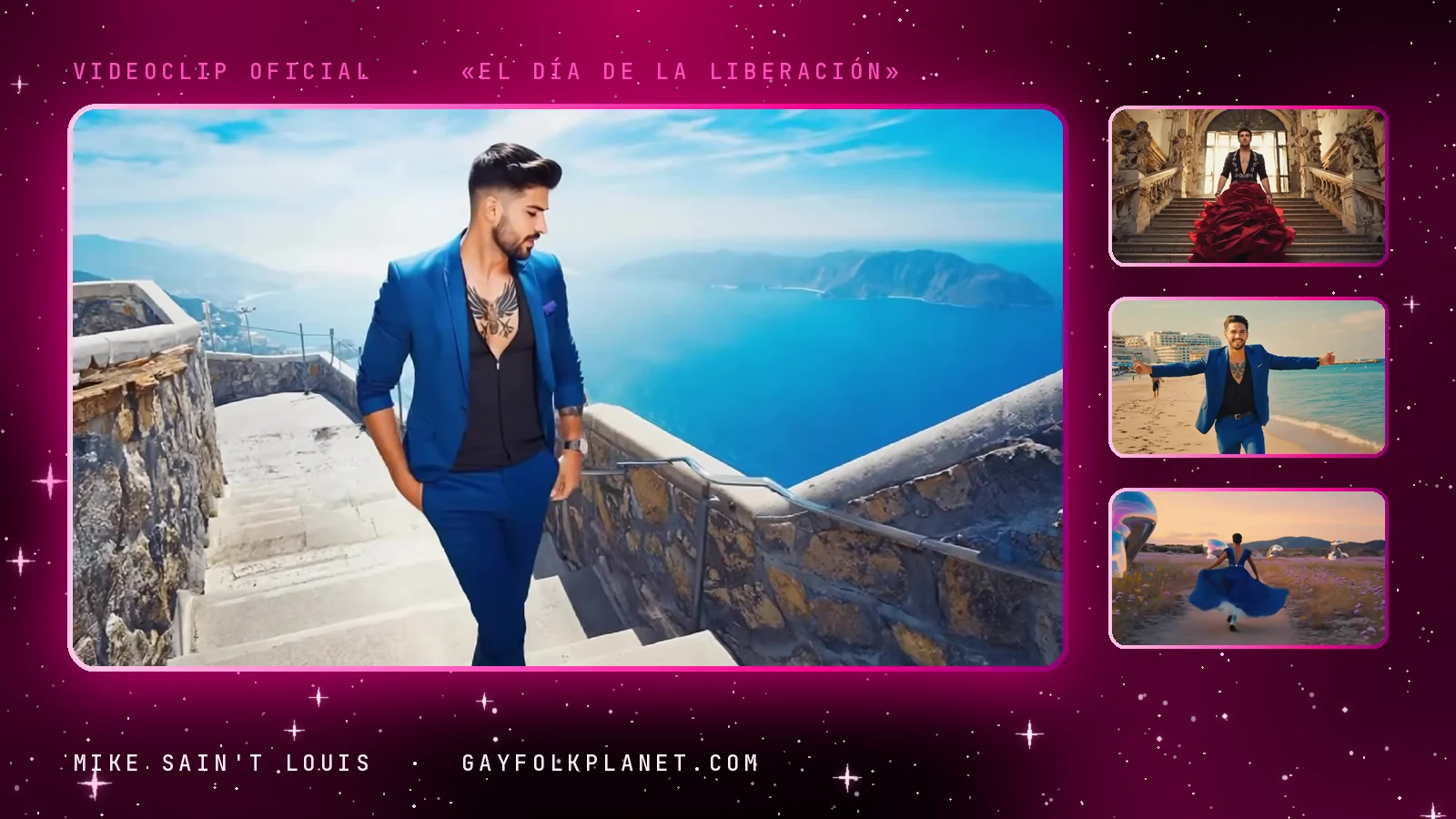 Fotogramas del videoclip de «El día de la liberación»: un hombre con traje azul en una escalera de piedra blanca que baja hacia el mar, junto a la escalinata de un palacio con una falda roja de volantes, el mismo traje en la playa con los brazos abiertos y una falda azul en un campo de flores