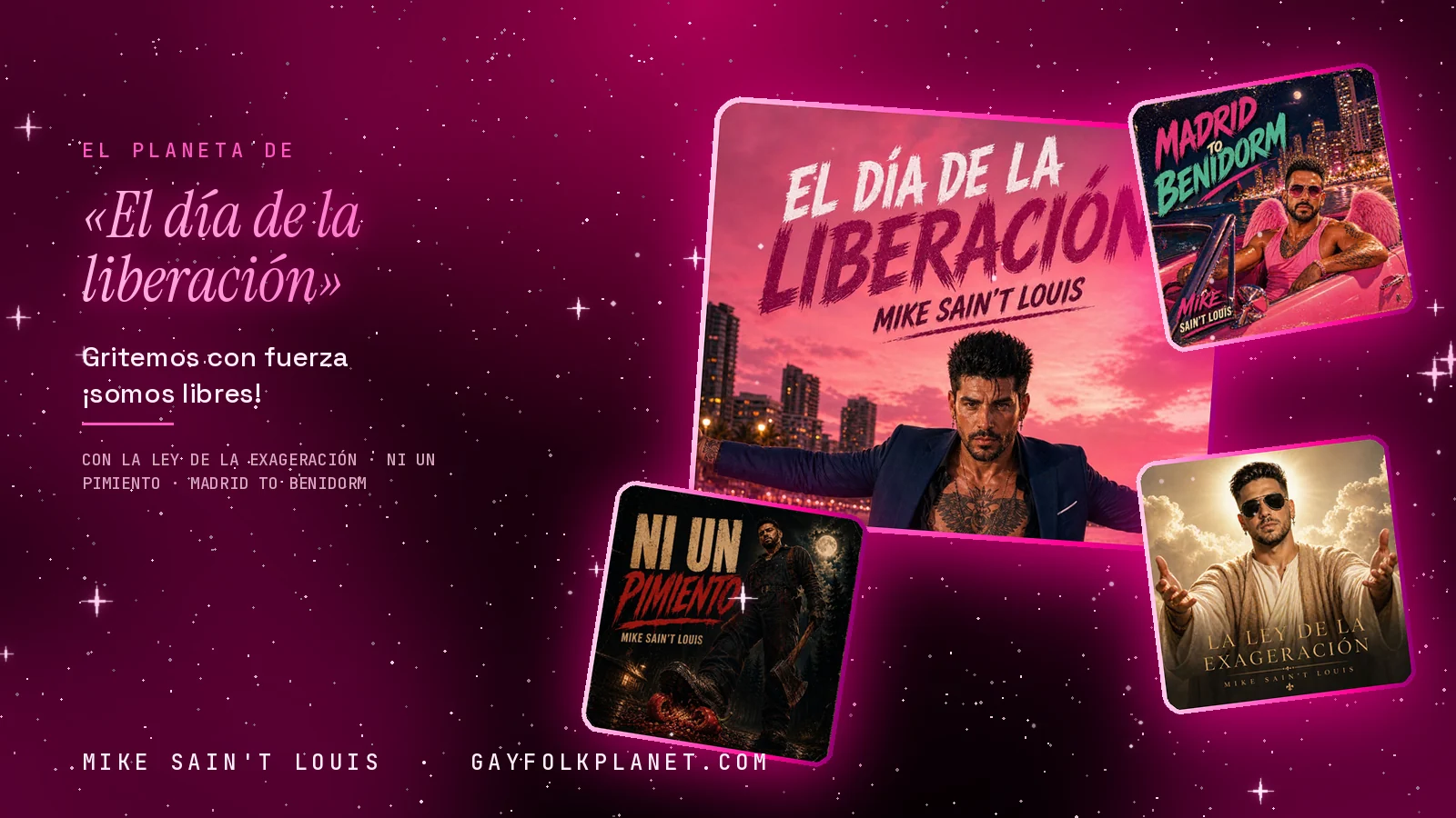 Collage con la carátula de «El día de la liberación» y las de «Madrid to Benidorm», «Ni un pimiento» y «La ley de la exageración», junto a los versos «Gritemos con fuerza» y «¡somos libres!»