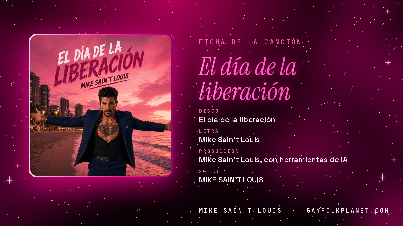 Ficha de «El día de la liberación», del disco del mismo nombre, con su carátula: un hombre con traje azul abre los brazos en una playa con rascacielos bajo un cielo rosa