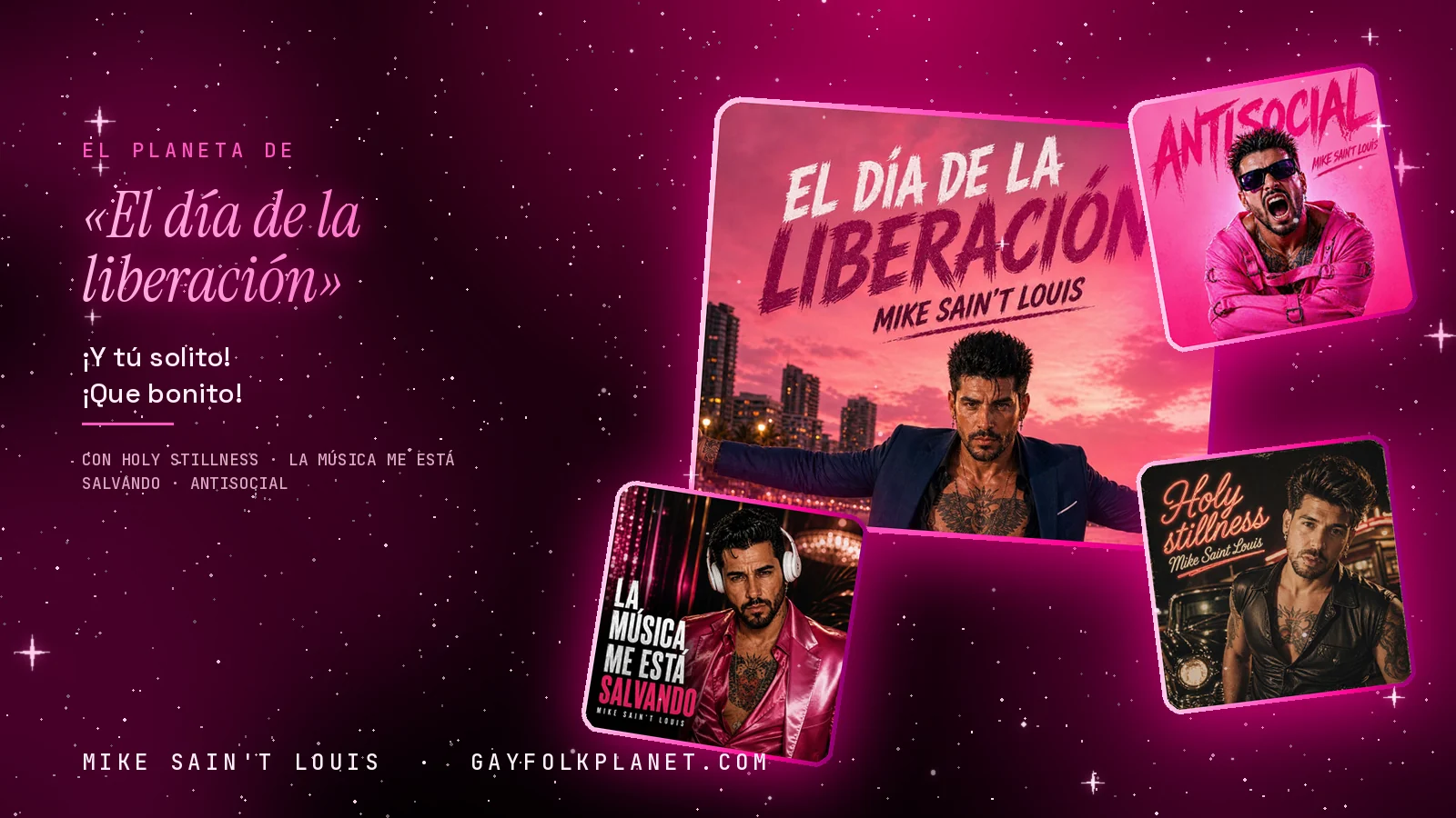 Collage con un detalle de la carátula de «El día de la liberación» y las carátulas de «Holy Stillness», «La Música Me Está Salvando», «Antisocial»