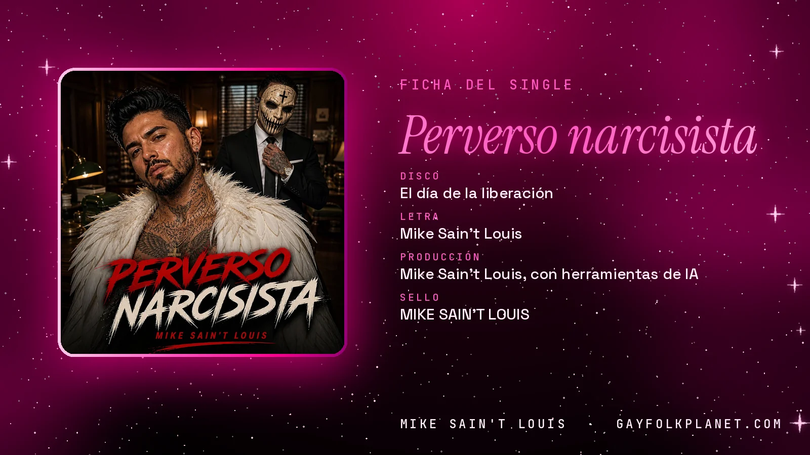 Ficha de la canción «Perverso narcisista» con su carátula: disco «El día de la liberación», letra y producción de Mike Sain't Louis