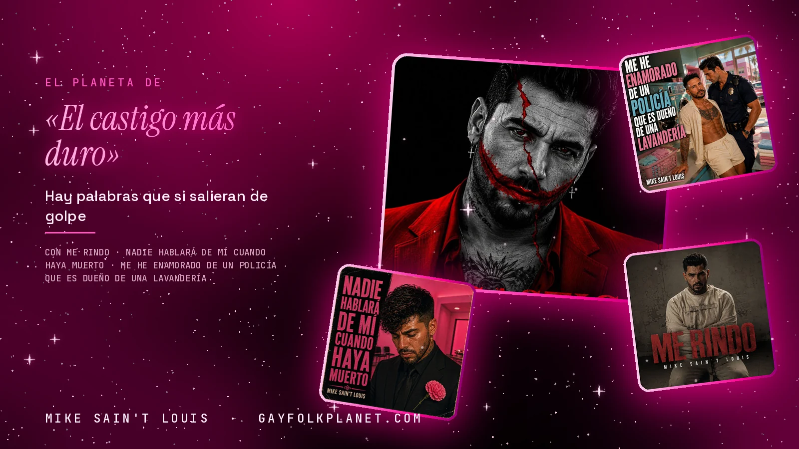 Collage con un detalle de la carátula de «El castigo más duro» y las carátulas de «Me rindo», «Nadie hablará de mí cuando haya muerto», «Me he enamorado de un policía que es dueño de una lavandería»