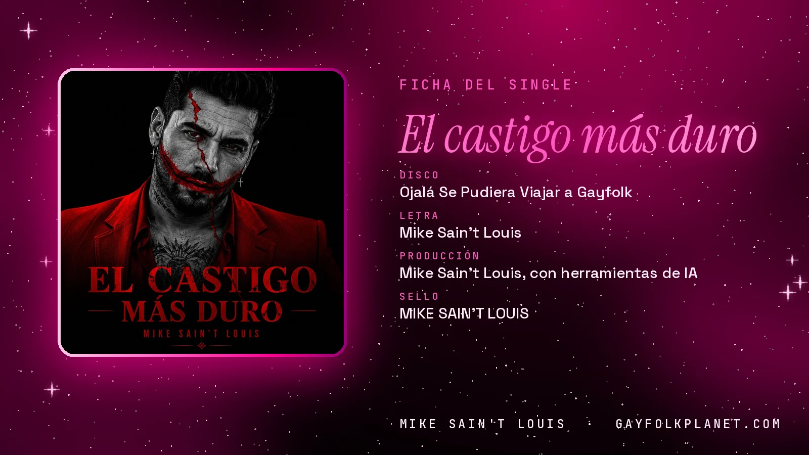 Ficha de la canción «El castigo más duro» con su carátula: disco «Ojalá Se Pudiera Viajar a Gayfolk», letra y producción de Mike Sain't Louis