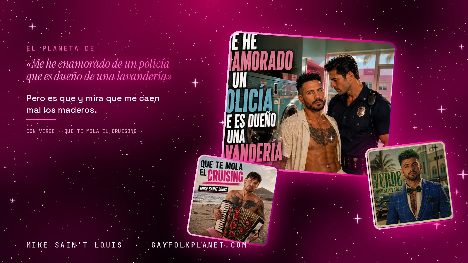 Collage con un detalle de la carátula de «Me he enamorado de un policía que es dueño de una lavandería» y las carátulas de «Verde», «Que te mola el cruising»