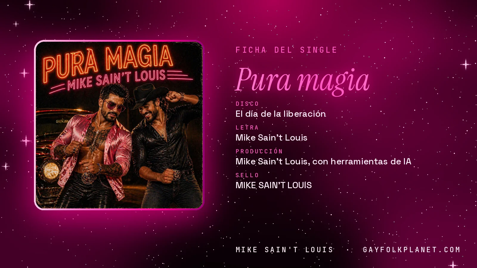 Ficha de la canción «Pura magia» con su carátula: disco «El día de la liberación», letra y producción de Mike Sain't Louis