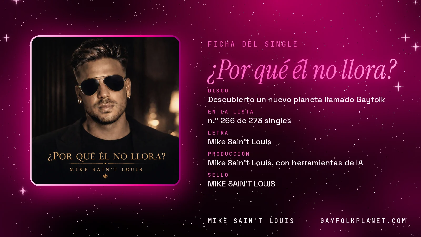 Ficha de la canción «¿Por qué él no llora?» con su carátula: disco «Descubierto un nuevo planeta llamado Gayfolk», letra y producción de Mike Sain't Louis