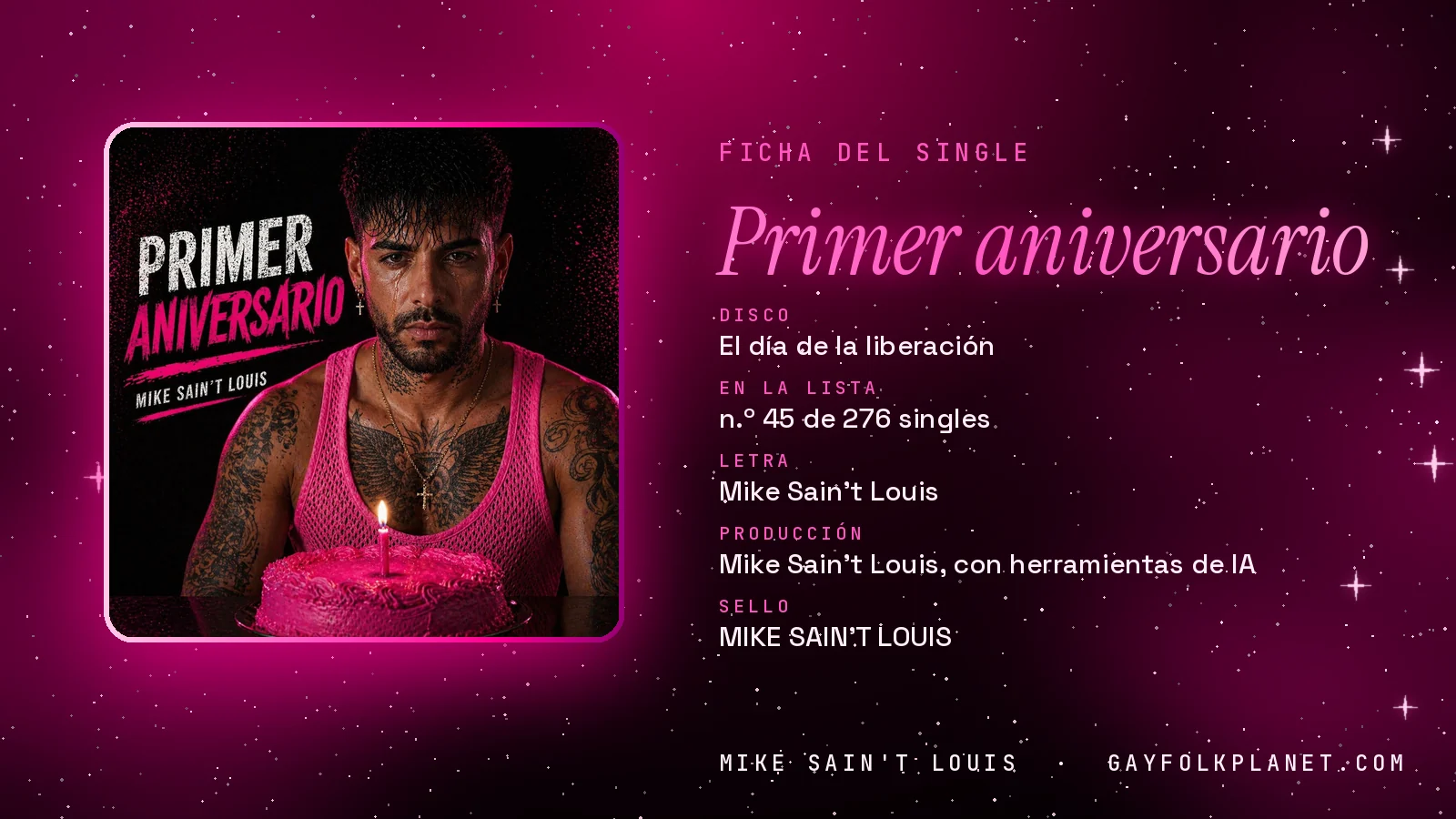 Ficha de la canción «Primer aniversario» con su carátula: disco «El día de la liberación», letra y producción de Mike Sain't Louis