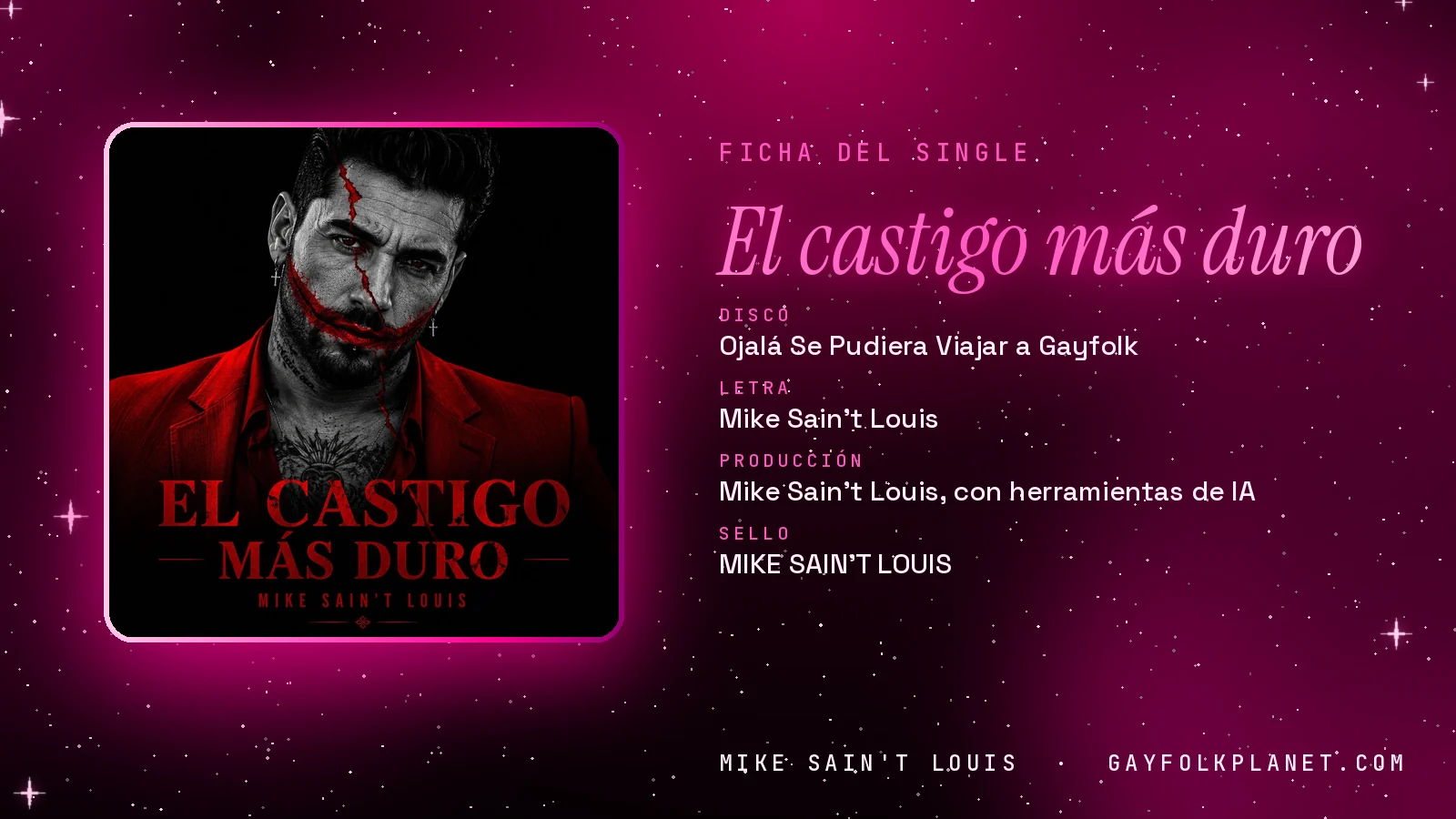 Ficha de la canción «El castigo más duro» con su carátula: disco «Ojalá Se Pudiera Viajar a Gayfolk», letra y producción de Mike Sain't Louis