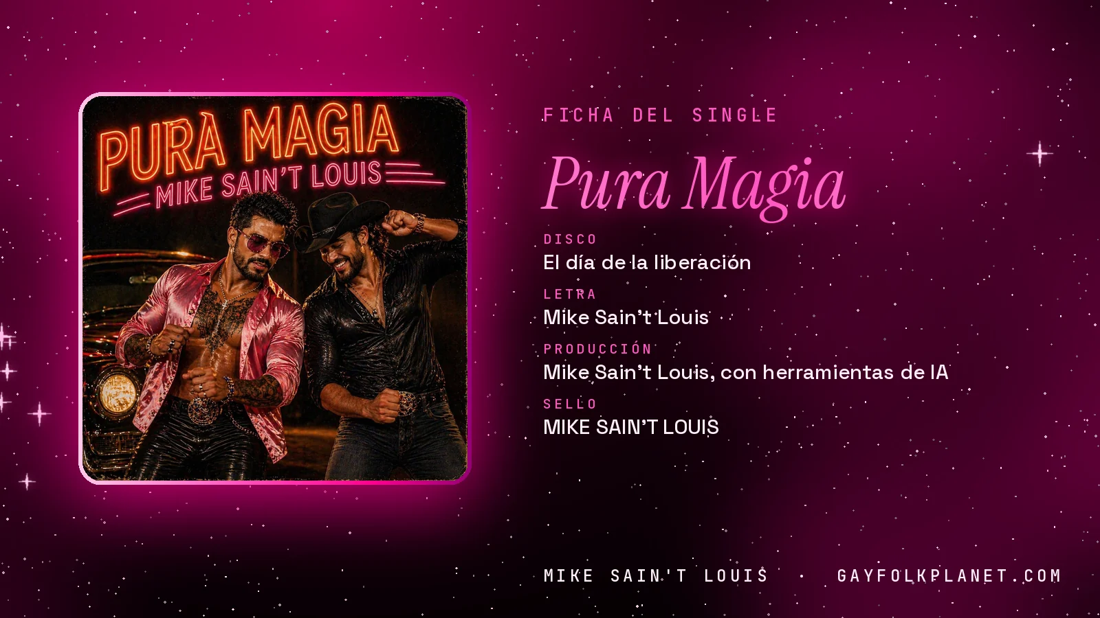Ficha de la canción «Pura Magia» con su carátula: disco «El día de la liberación», letra y producción de Mike Sain't Louis