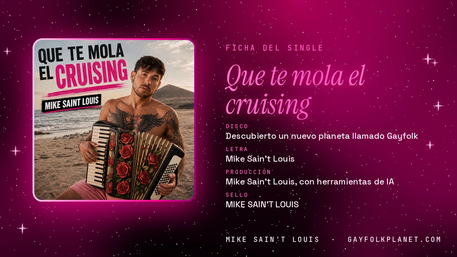 Ficha de la canción «Que te mola el cruising» con su carátula: disco «Descubierto un nuevo planeta llamado Gayfolk», letra y producción de Mike Sain't Louis