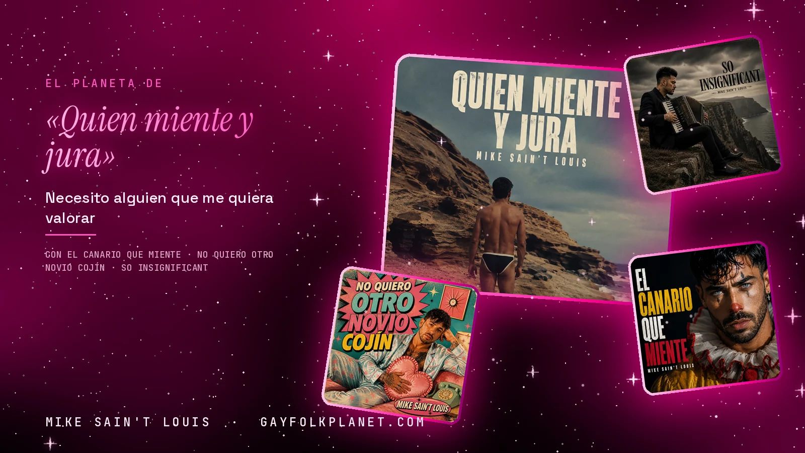 Collage con un detalle de la carátula de «Quien miente y jura» y las carátulas de «El canario que miente», «No quiero otro novio cojín», «So Insignificant»