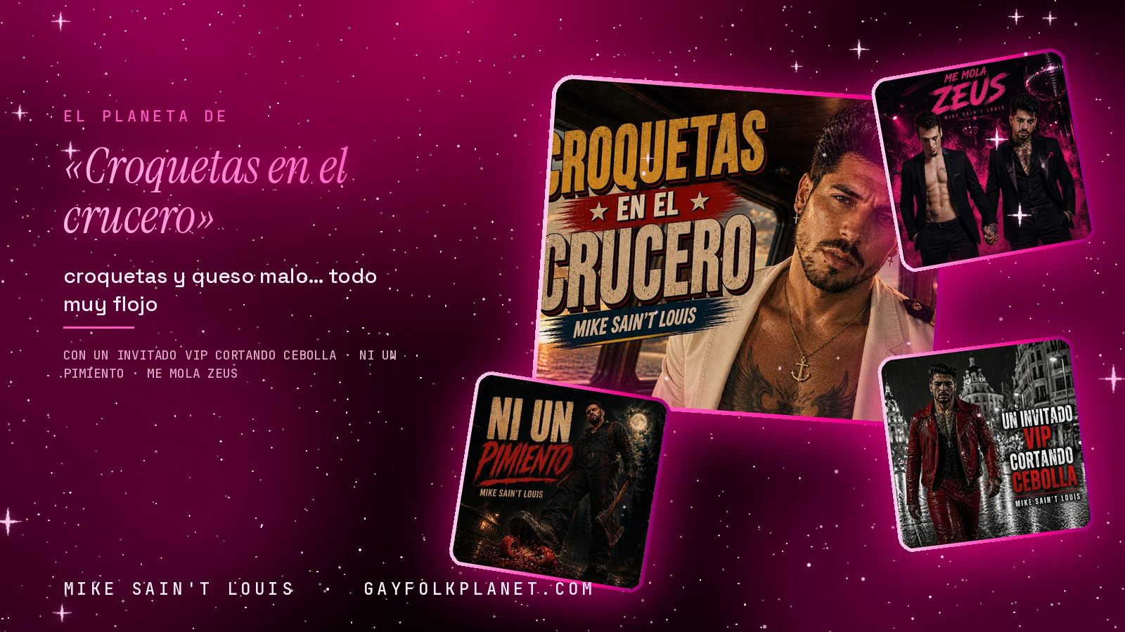 Collage con un detalle de la carátula de «Croquetas en el crucero» y las carátulas de «Un invitado VIP cortando cebolla», «Ni un pimiento», «Me mola Zeus»