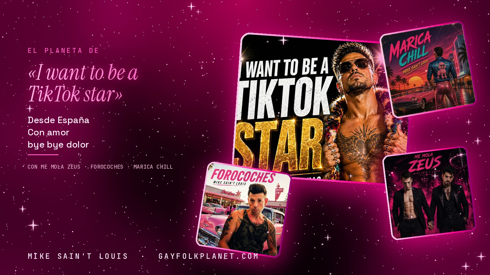 Collage con un detalle de la carátula de «I want to be a TikTok star» y las carátulas de «Me mola Zeus», «Forocoches», «Marica chill»