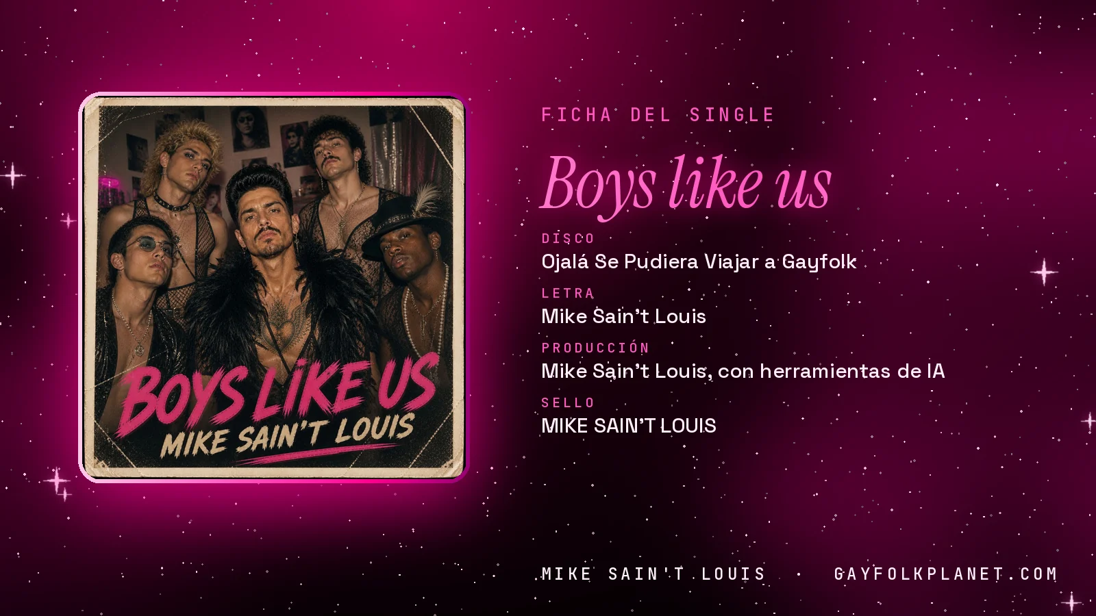 Ficha de la canción «Boys like us» con su carátula: disco «Ojalá Se Pudiera Viajar a Gayfolk», letra y producción de Mike Sain't Louis