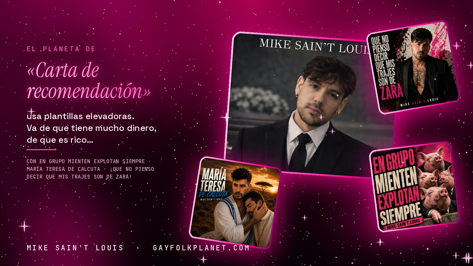 Collage con un detalle de la carátula de «Carta de recomendación» y las carátulas de «En Grupo Mienten Explotan Siempre», «María Teresa de Calcuta», «¡Que no pienso decir que mis trajes son de Zara!»