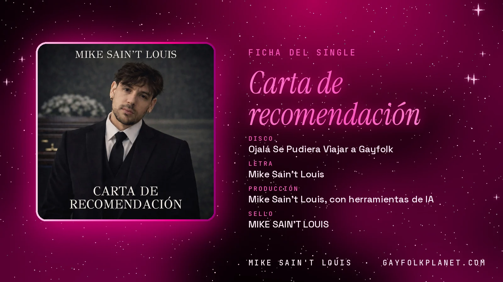 Ficha de la canción «Carta de recomendación» con su carátula: disco «Ojalá Se Pudiera Viajar a Gayfolk», letra y producción de Mike Sain't Louis