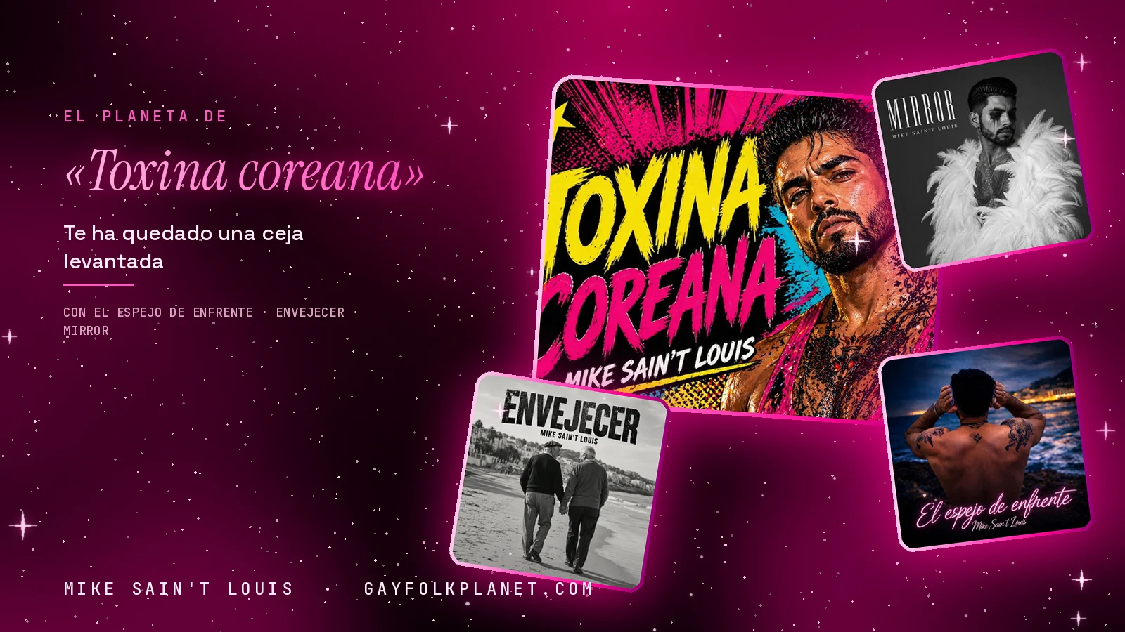 Collage con un detalle de la carátula de «Toxina coreana» y las carátulas de «El espejo de enfrente», «Envejecer», «Mirror»