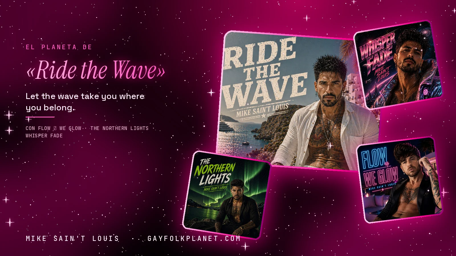 Collage con un detalle de la carátula de «Ride the Wave» y las carátulas de «Flow ⧸ We Glow», «The Northern Lights», «Whisper Fade»