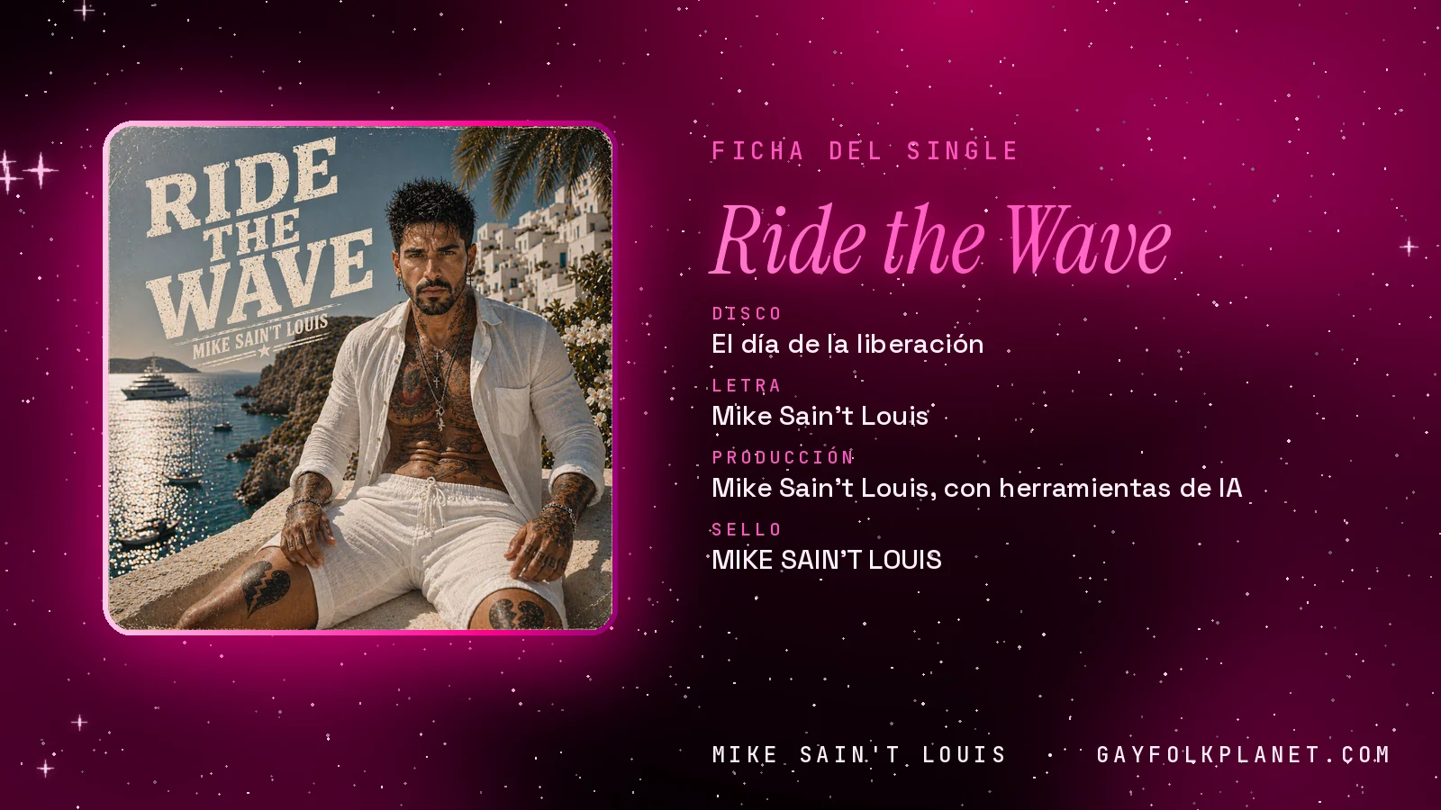 Ficha de la canción «Ride the Wave» con su carátula: disco «El día de la liberación», letra y producción de Mike Sain't Louis