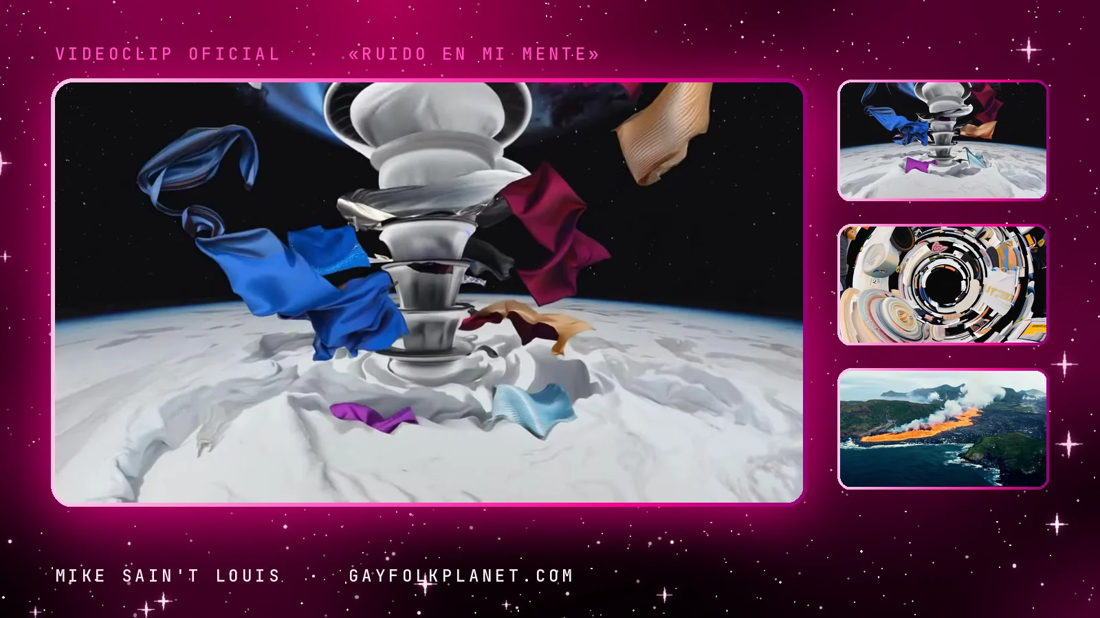 Fotograma del videoclip de «Ruido en mi mente»: un torbellino blanco de capas superpuestas se levanta sobre un suelo nevado mientras prendas azules, granates y moradas vuelan a su alrededor, junto a tres miniaturas del mismo torbellino, un túnel en espiral de objetos de colores y un río de lava que baja hasta el mar