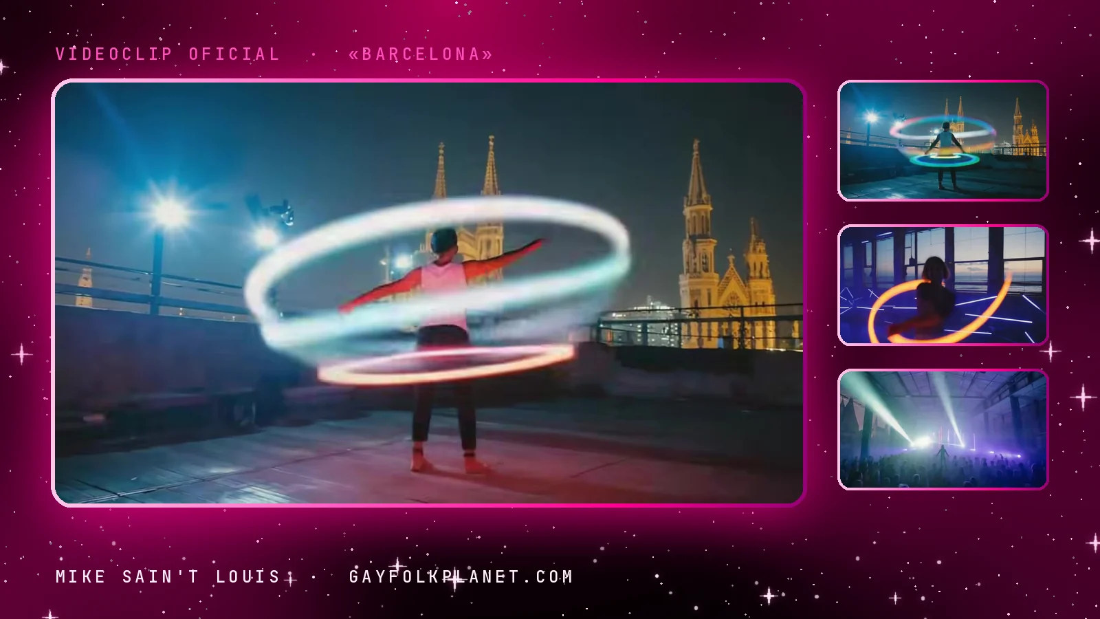 Fotograma del videoclip de «Barcelona»: una figura de espaldas en una azotea nocturna hace girar aros de luz alrededor de su cuerpo ante agujas góticas iluminadas, junto a tres miniaturas de la misma azotea, una silueta dentro de un círculo naranja junto a un ventanal y haces de luz sobre una pista
