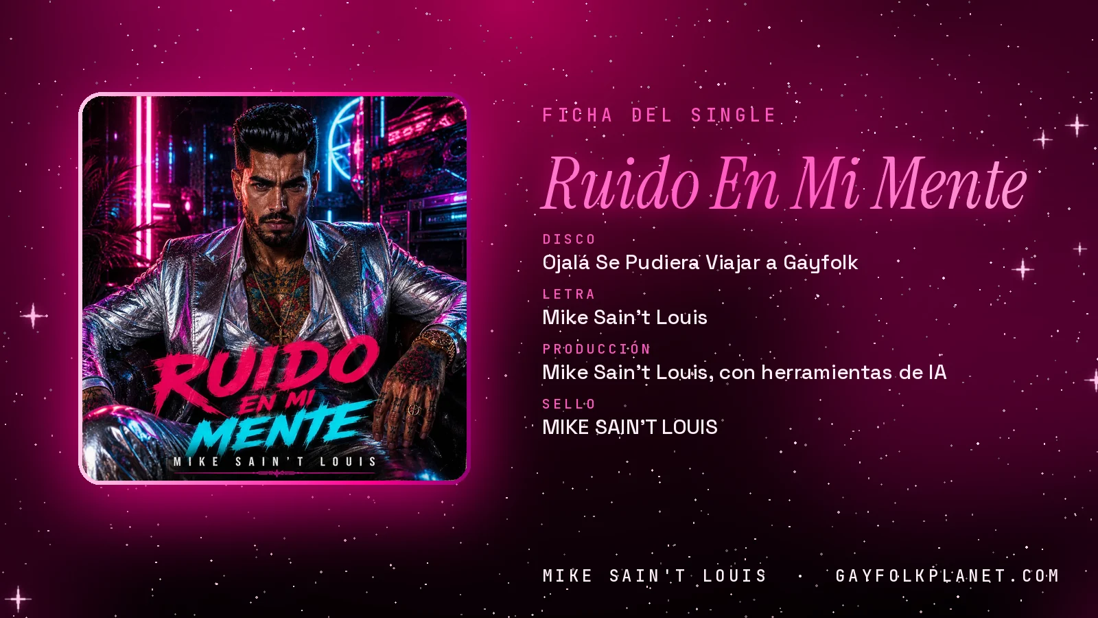 Ficha de la canción «Ruido En Mi Mente» con su carátula: disco «Ojalá Se Pudiera Viajar a Gayfolk», letra y producción de Mike Sain't Louis