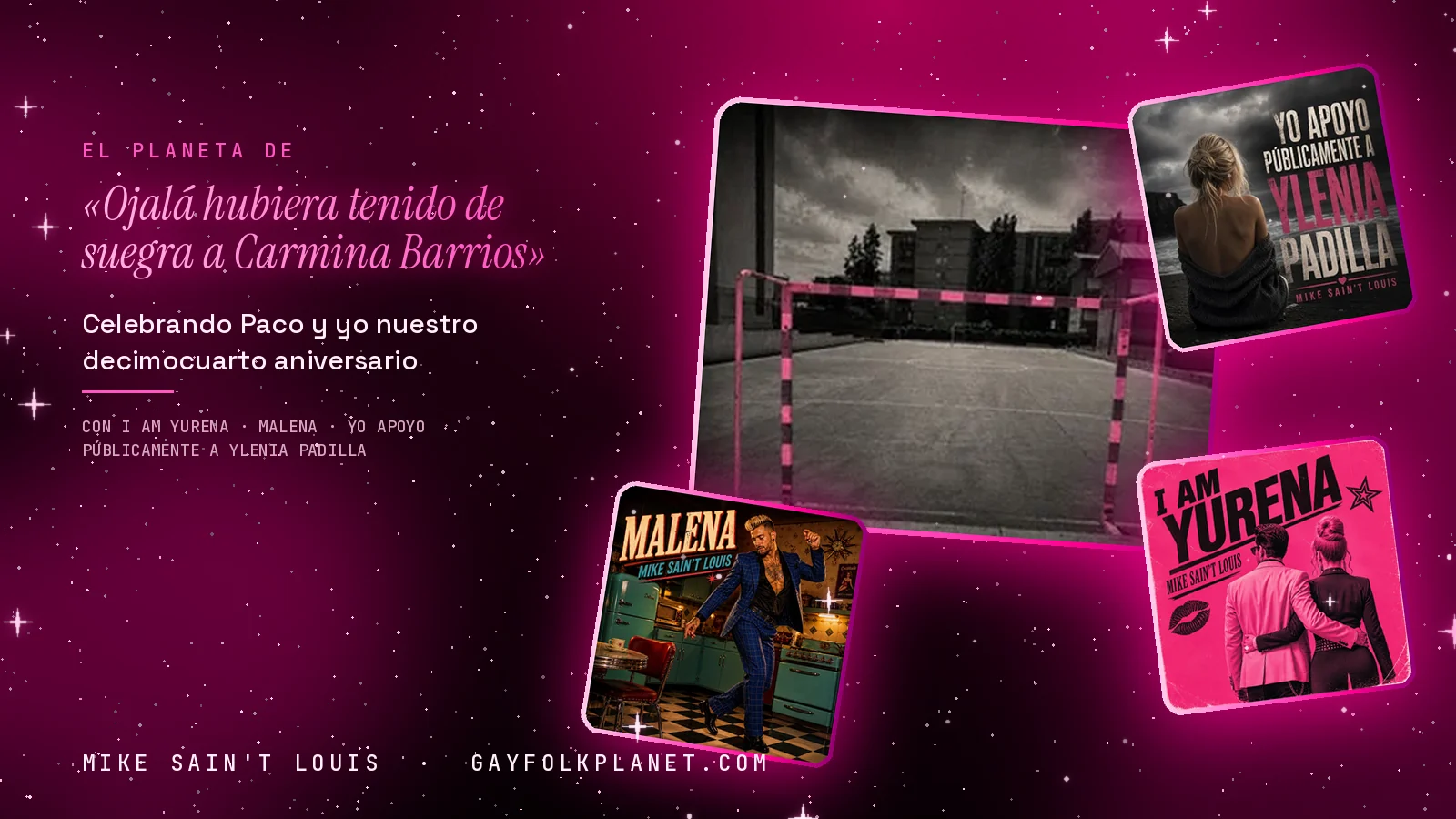 Collage con un detalle de la carátula de «Ojalá hubiera tenido de suegra a Carmina Barrios» y las carátulas de «I Am Yurena», «Malena», «Yo apoyo públicamente a Ylenia Padilla»