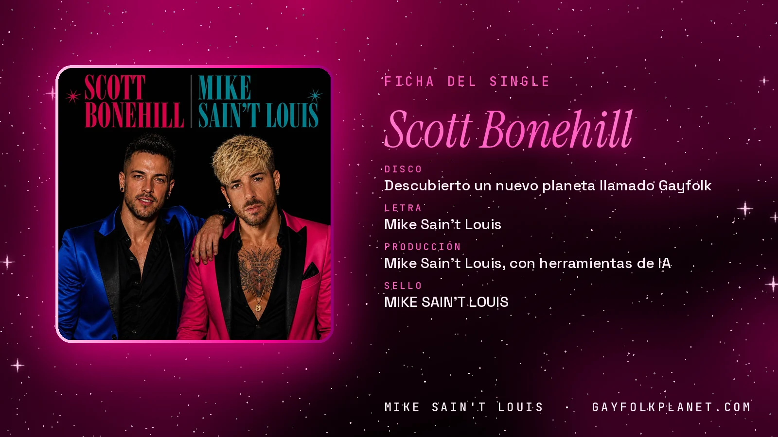 Ficha de la canción «Scott Bonehill» con su carátula: disco «Descubierto un nuevo planeta llamado Gayfolk», letra y producción de Mike Sain't Louis