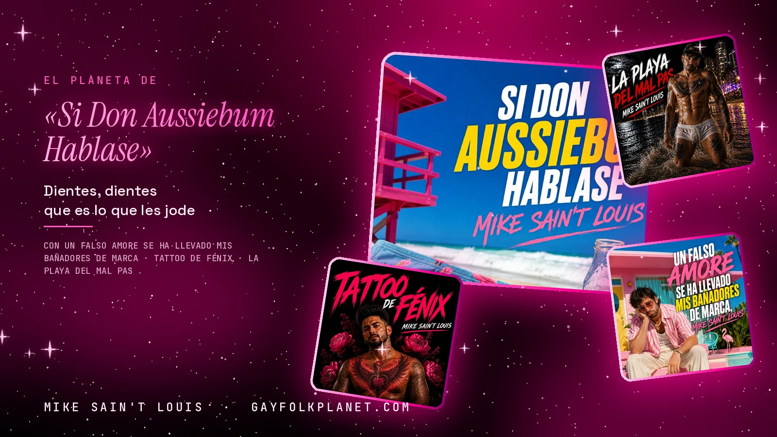 Collage con un detalle de la carátula de «Si Don Aussiebum Hablase» y las carátulas de «Un falso amore se ha llevado mis bañadores de marca», «Tattoo de fénix», «La playa del Mal Pas»