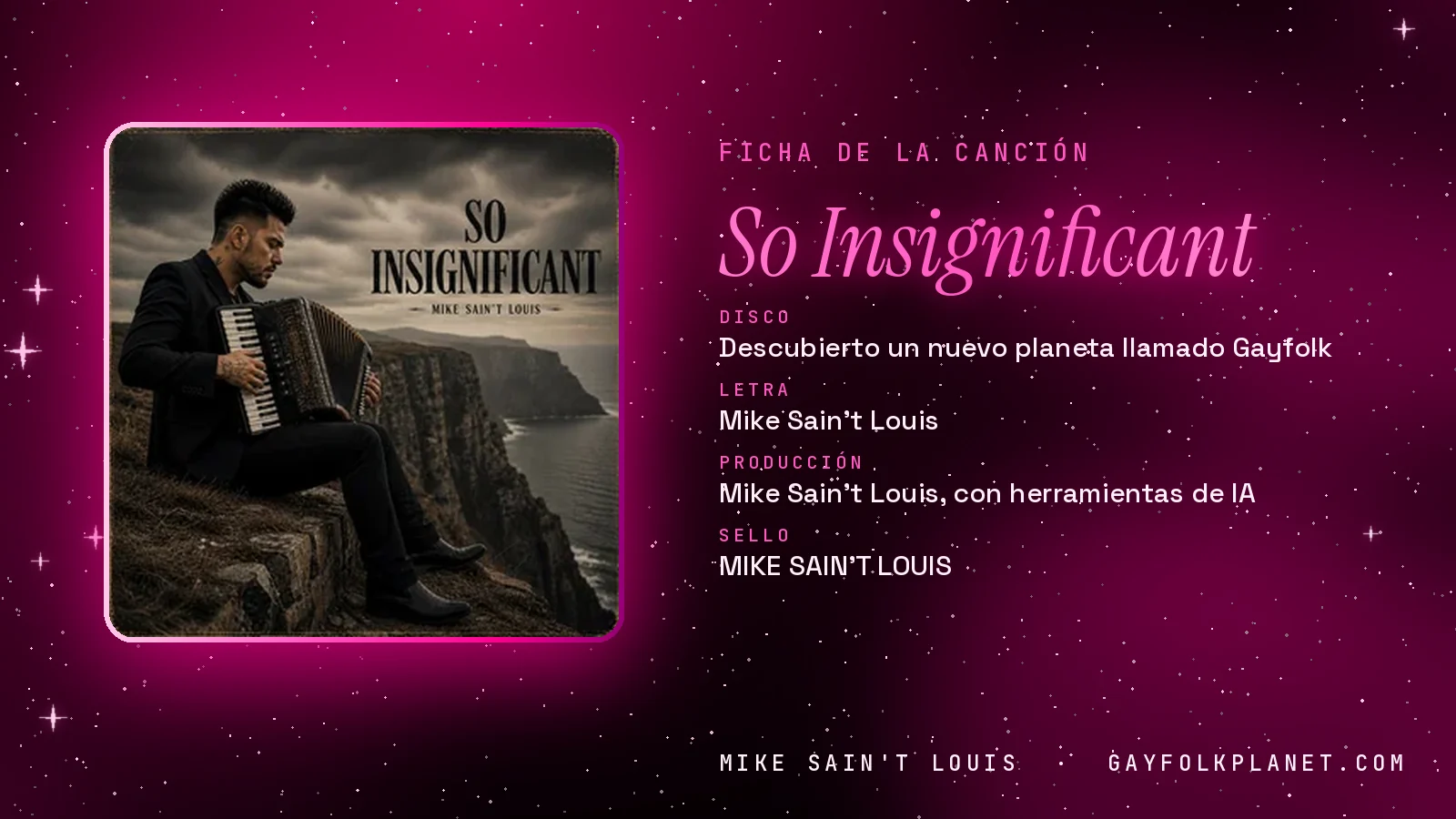 Ficha de «So Insignificant», del disco «Descubierto un nuevo planeta llamado Gayfolk», con su carátula: un hombre de traje oscuro toca el acordeón sentado sobre un acantilado, bajo un cielo gris