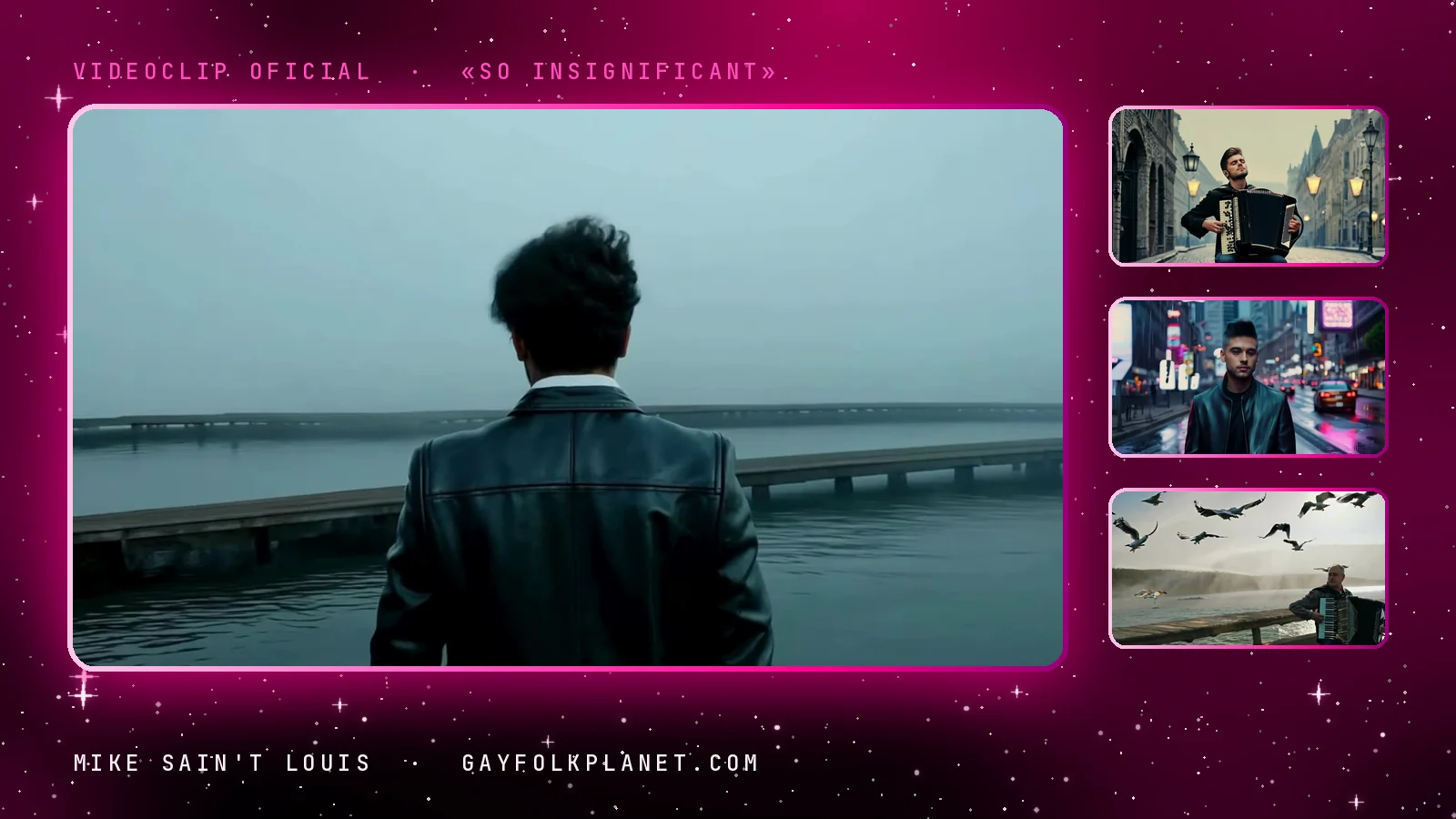 Fotogramas del videoclip de «So Insignificant»: un hombre de chaqueta de cuero de espaldas ante un muelle en la niebla, un acordeonista en una calle antigua con farolas, el mismo hombre en una calle de neones bajo la lluvia y un acordeonista mayor entre gaviotas