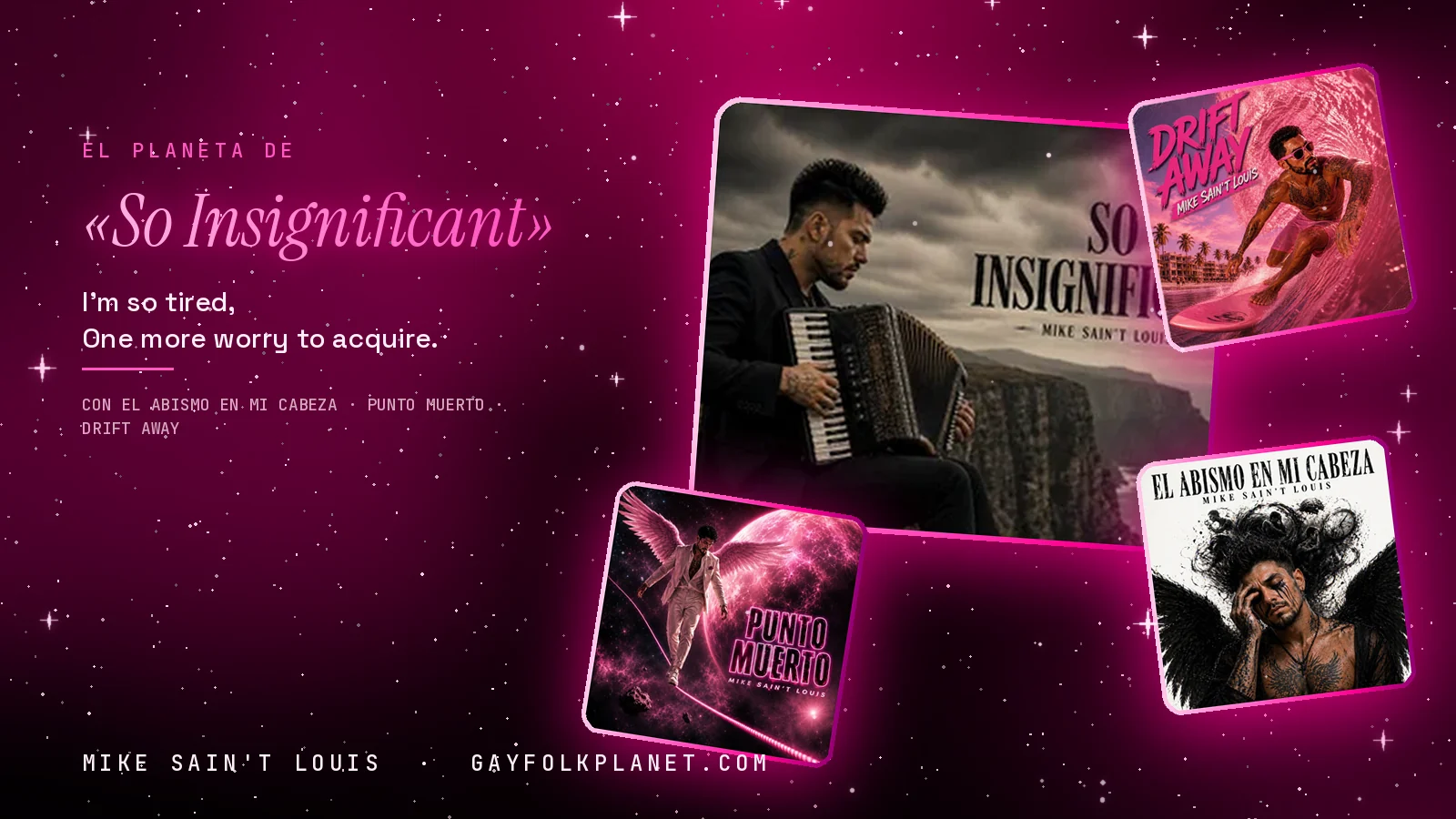 Collage con la carátula de «So Insignificant» y las de «Drift Away», «Punto muerto» y «El abismo en mi cabeza», junto a los dos primeros versos de la canción