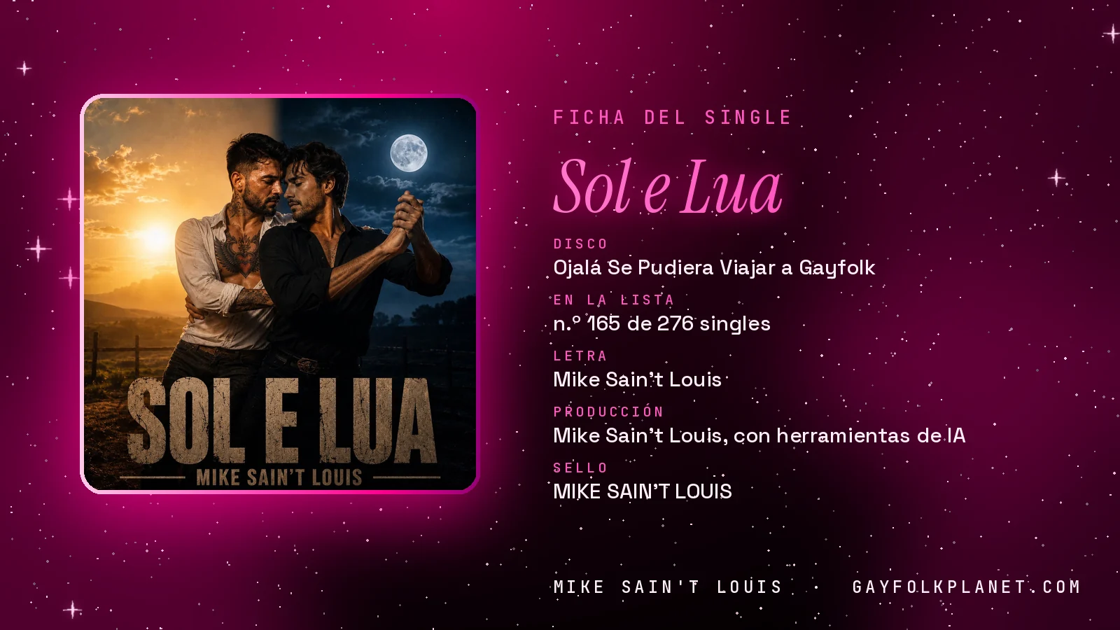 Ficha de la canción «Sol e Lua» con su carátula: disco «Ojalá Se Pudiera Viajar a Gayfolk», letra y producción de Mike Sain't Louis