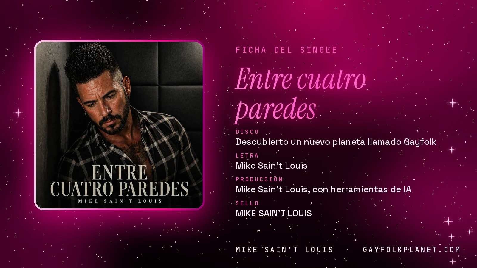 Ficha de la canción «Entre cuatro paredes» con su carátula: disco «Descubierto un nuevo planeta llamado Gayfolk», letra y producción de Mike Sain't Louis