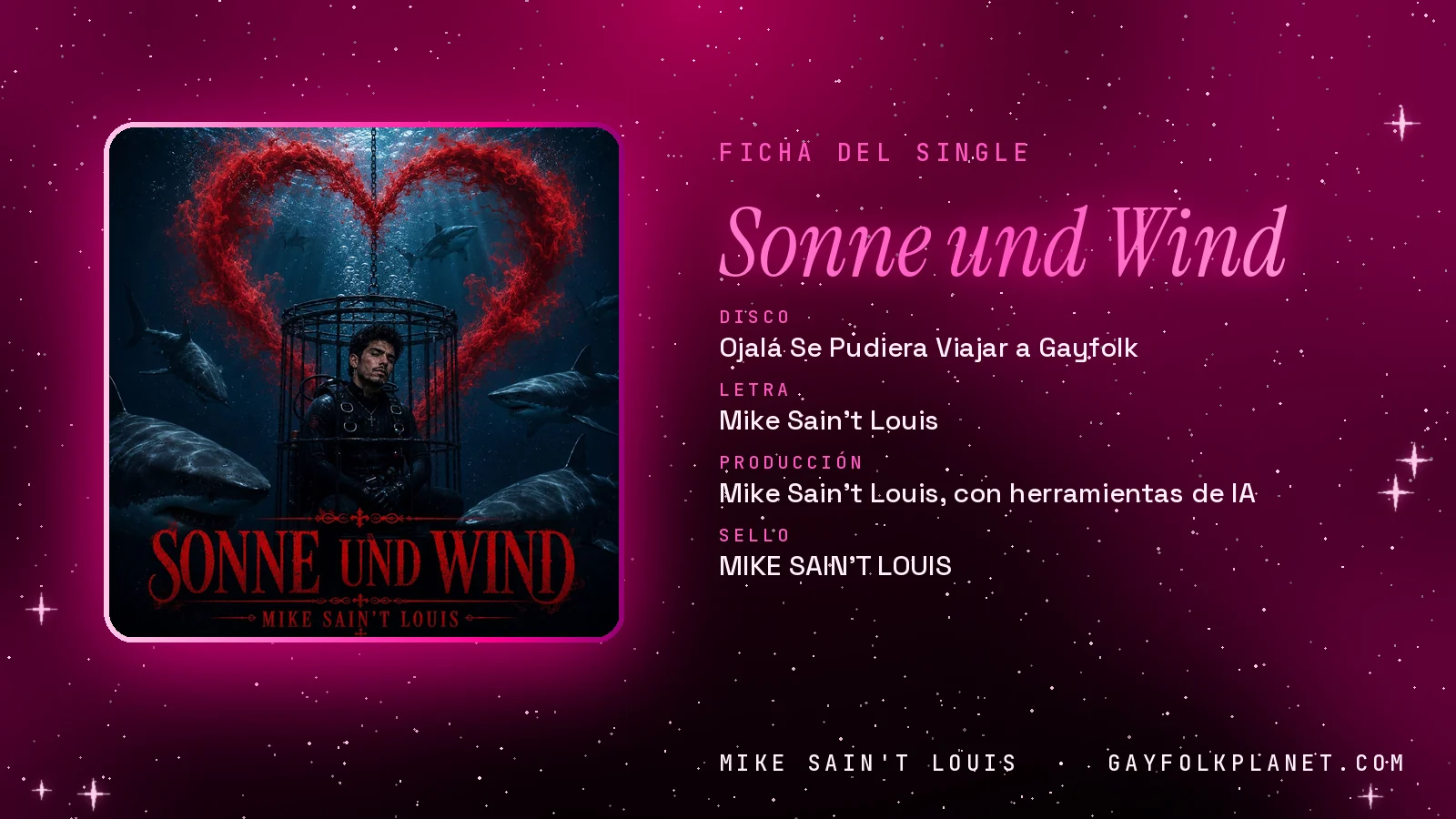 Ficha de la canción «Sonne und Wind» con su carátula: disco «Ojalá Se Pudiera Viajar a Gayfolk», letra y producción de Mike Sain't Louis