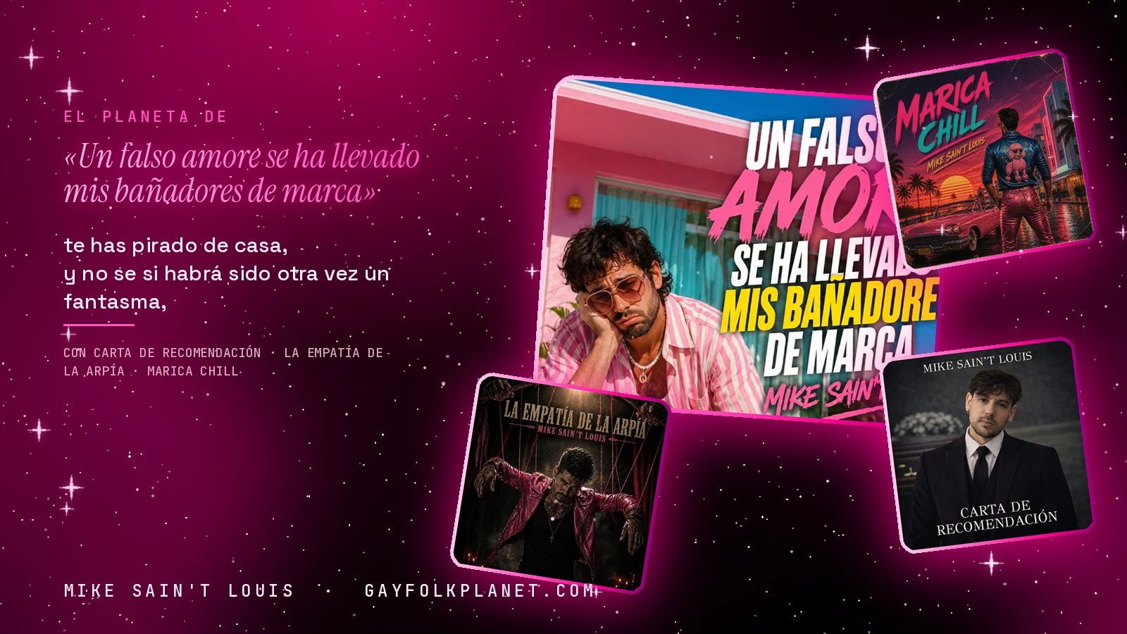 Collage con un detalle de la carátula de «Un falso amore se ha llevado mis bañadores de marca» y las carátulas de «Carta de recomendación», «La empatía de la arpía», «Marica chill»