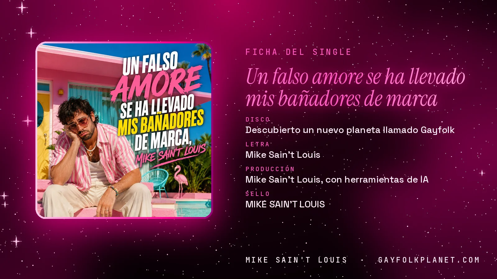 Ficha de la canción «Un falso amore se ha llevado mis bañadores de marca» con su carátula: disco «Descubierto un nuevo planeta llamado Gayfolk», letra y producción de Mike Sain't Louis