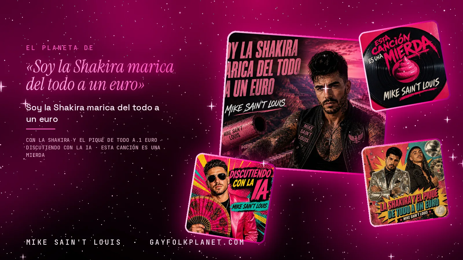 Collage con un detalle de la carátula de «Soy la Shakira marica del todo a un euro» y las carátulas de «La Shakira y el Piqué de todo a 1 euro», «Discutiendo con la IA», «Esta canción es una mierda»