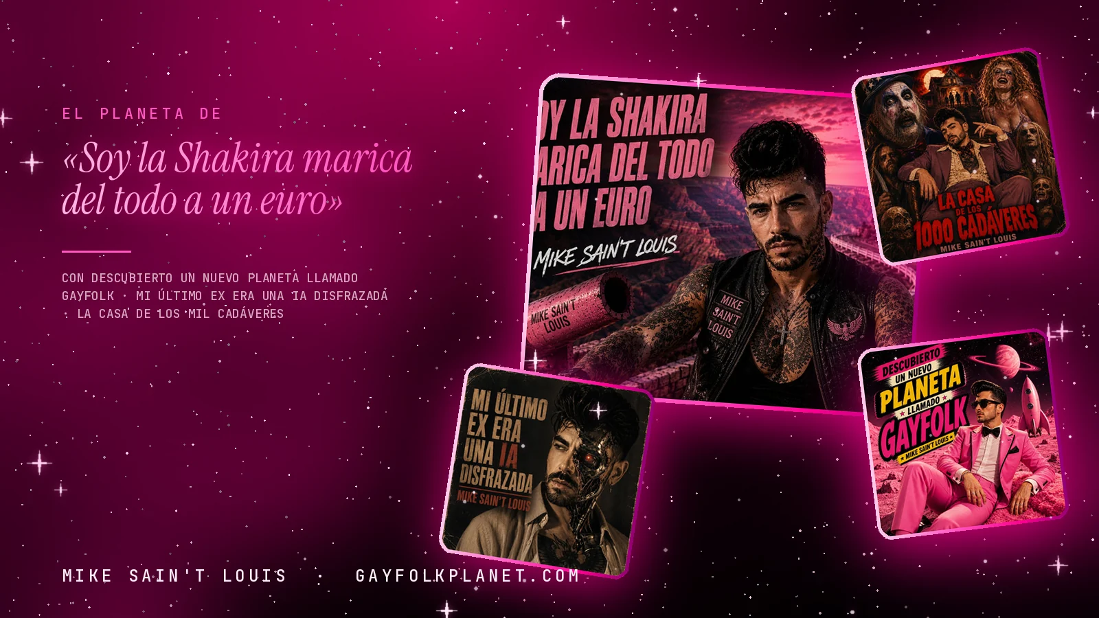 Collage con un detalle de la carátula de «Soy la Shakira marica del todo a un euro» y las carátulas de «Descubierto un nuevo planeta llamado Gayfolk», «Mi último ex era una IA disfrazada», «La casa de los mil cadáveres»