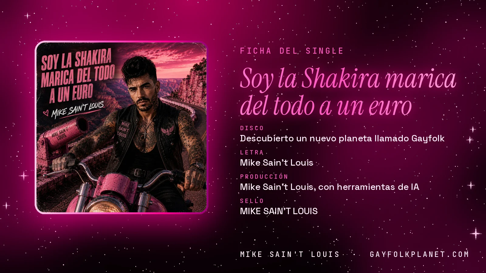 Ficha de la canción «Soy la Shakira marica del todo a un euro» con su carátula: disco «Descubierto un nuevo planeta llamado Gayfolk», letra y producción de Mike Sain't Louis