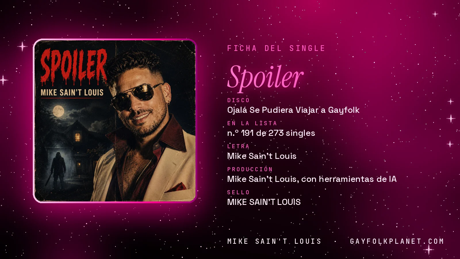 Ficha de la canción «Spoiler» con su carátula: disco «Ojalá Se Pudiera Viajar a Gayfolk», letra y producción de Mike Sain't Louis
