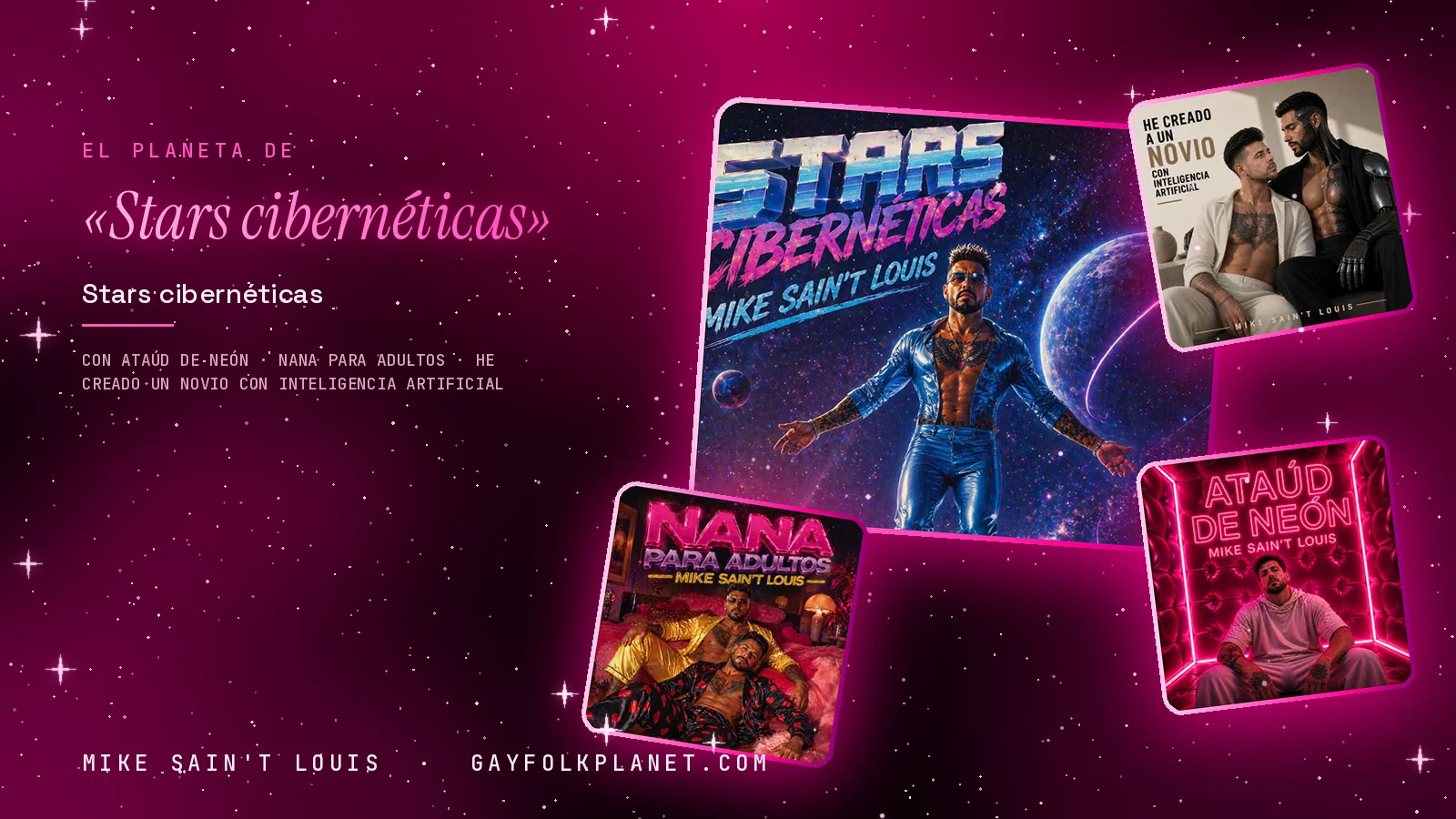 Collage con un detalle de la carátula de «Stars cibernéticas» y las carátulas de «Ataúd de neón», «Nana para adultos», «He creado un novio con inteligencia artificial»