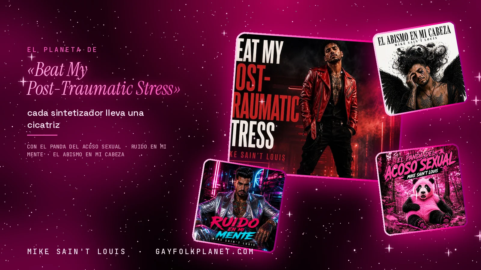 Collage con un detalle de la carátula de «Beat My Post-Traumatic Stress» y las carátulas de «El Panda del acoso sexual», «Ruido En Mi Mente», «El Abismo en Mi Cabeza»