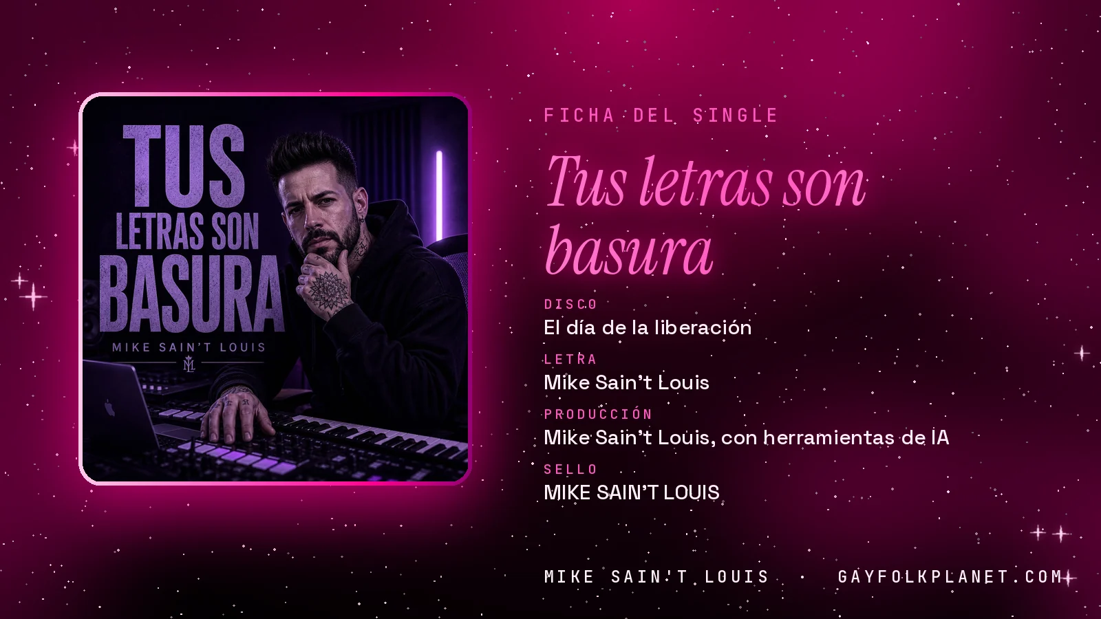 Ficha de la canción «Tus letras son basura» con su carátula: disco «El día de la liberación», letra y producción de Mike Sain't Louis