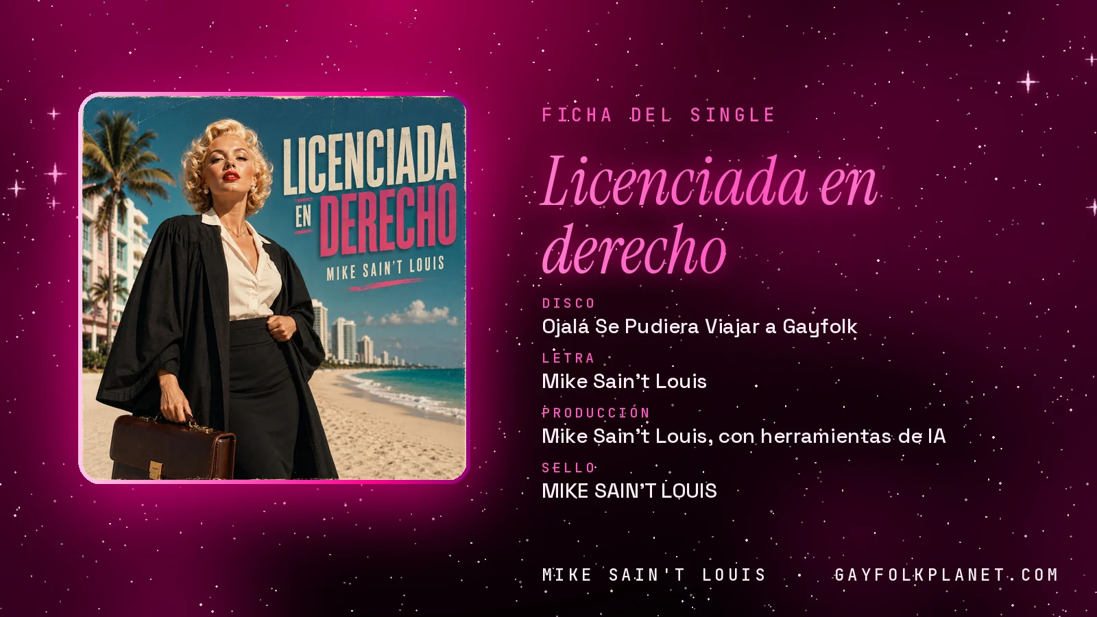 Ficha de la canción «Licenciada en derecho» con su carátula: disco «Ojalá Se Pudiera Viajar a Gayfolk», letra y producción de Mike Sain't Louis