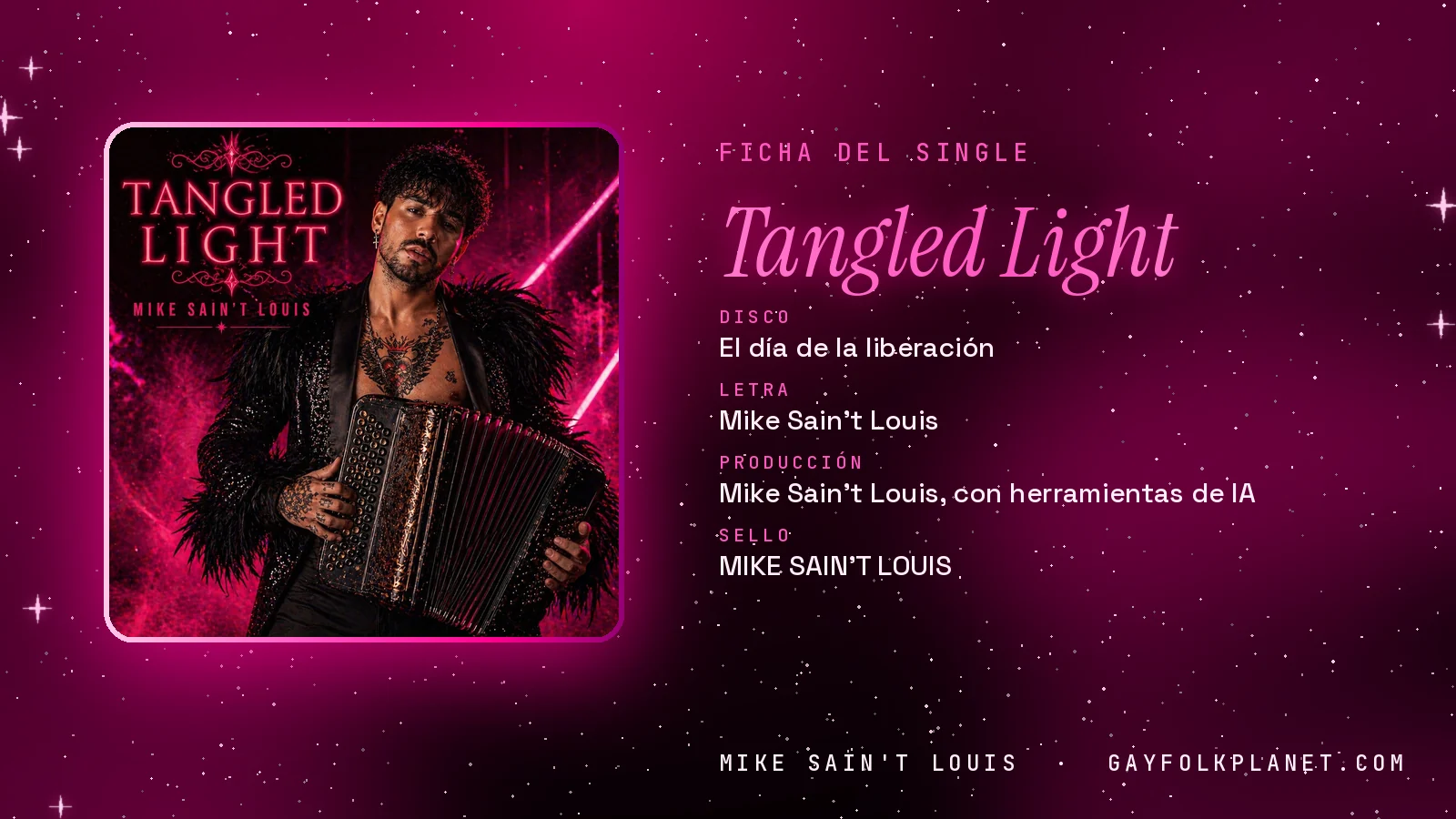 Ficha de la canción «Tangled Light» con su carátula: disco «El día de la liberación», letra y producción de Mike Sain't Louis