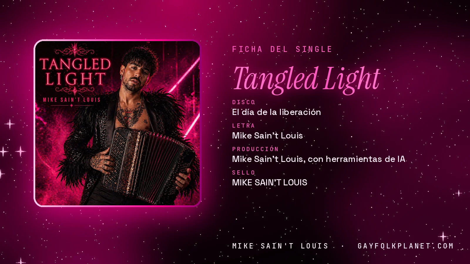 Ficha de la canción «Tangled Light» con su carátula: disco «El día de la liberación», letra y producción de Mike Sain't Louis