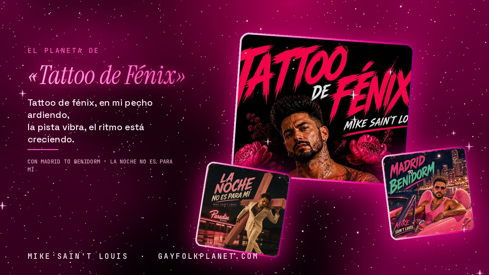 Collage con un detalle de la carátula de «Tattoo de Fénix» y las carátulas de «Madrid to Benidorm», «La Noche No Es para Mí»