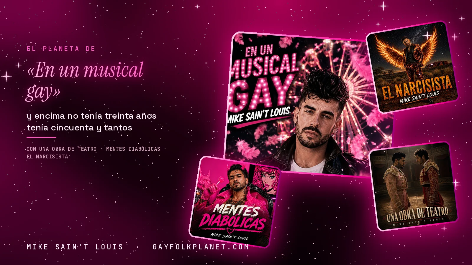 Collage con un detalle de la carátula de «En un musical gay» y las carátulas de «Una obra de teatro», «Mentes diabólicas», «El narcisista»